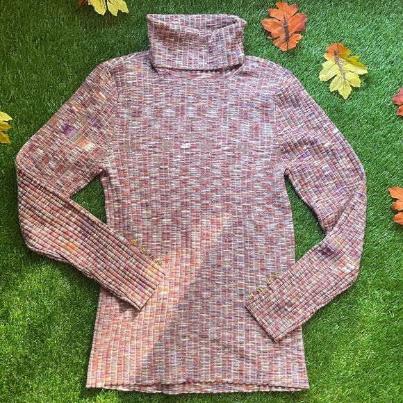 Space Dyed Ribbed Turtleneck with Gold Button Cuff Accents - Picture 3 of 7